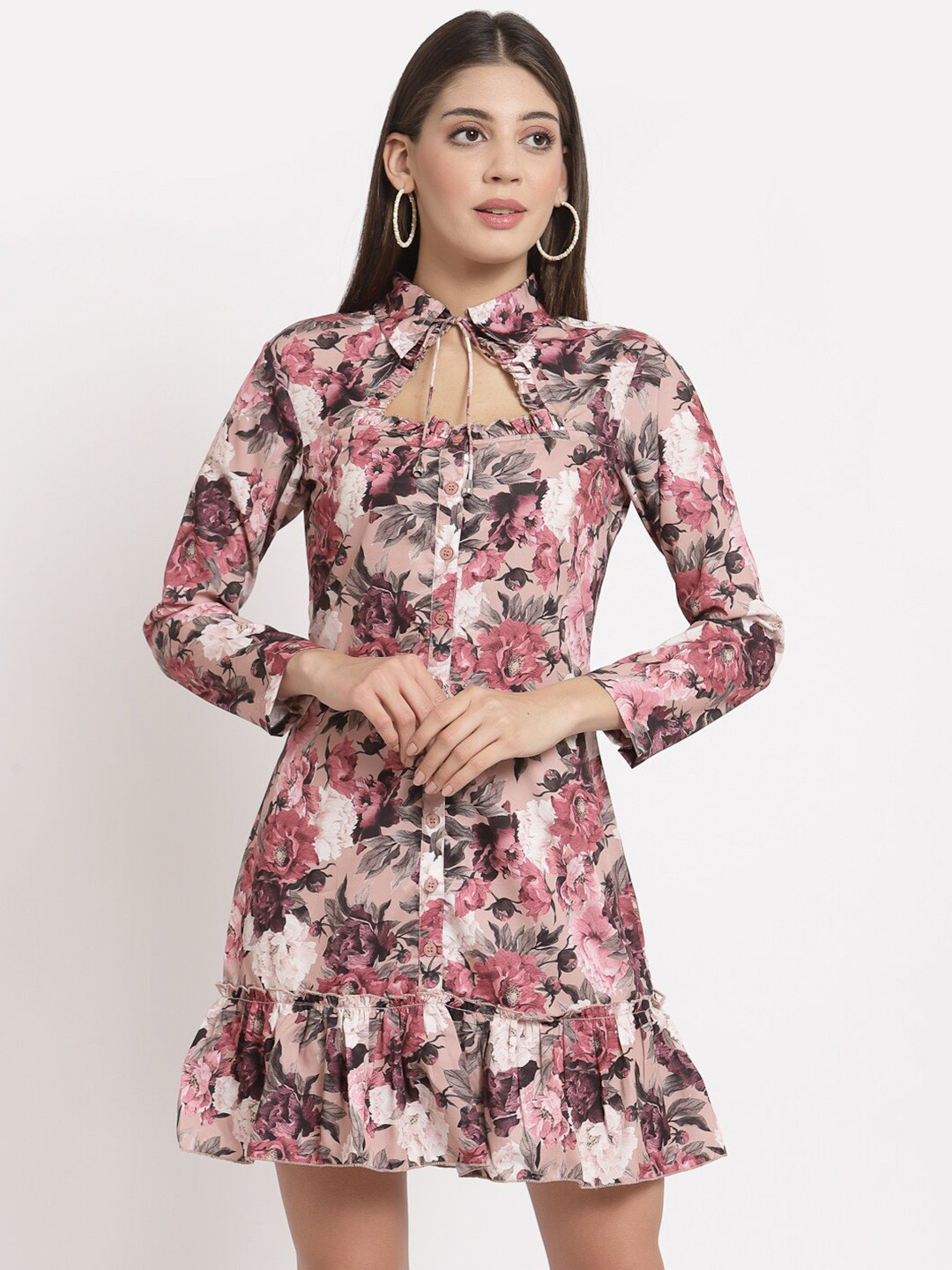 aayu Women Peach-Coloured & Pink Floral Tie-Up Neck Crepe A-Line Dress