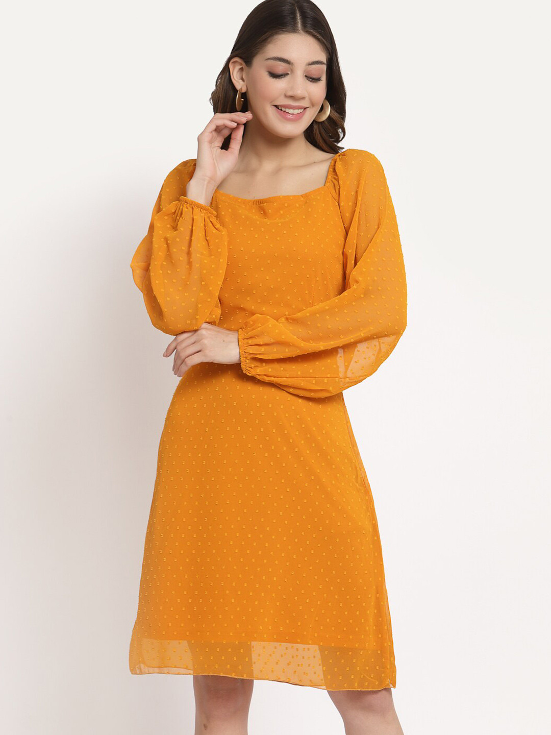 aayu Women Mustard Yellow Georgette A-Line Dress