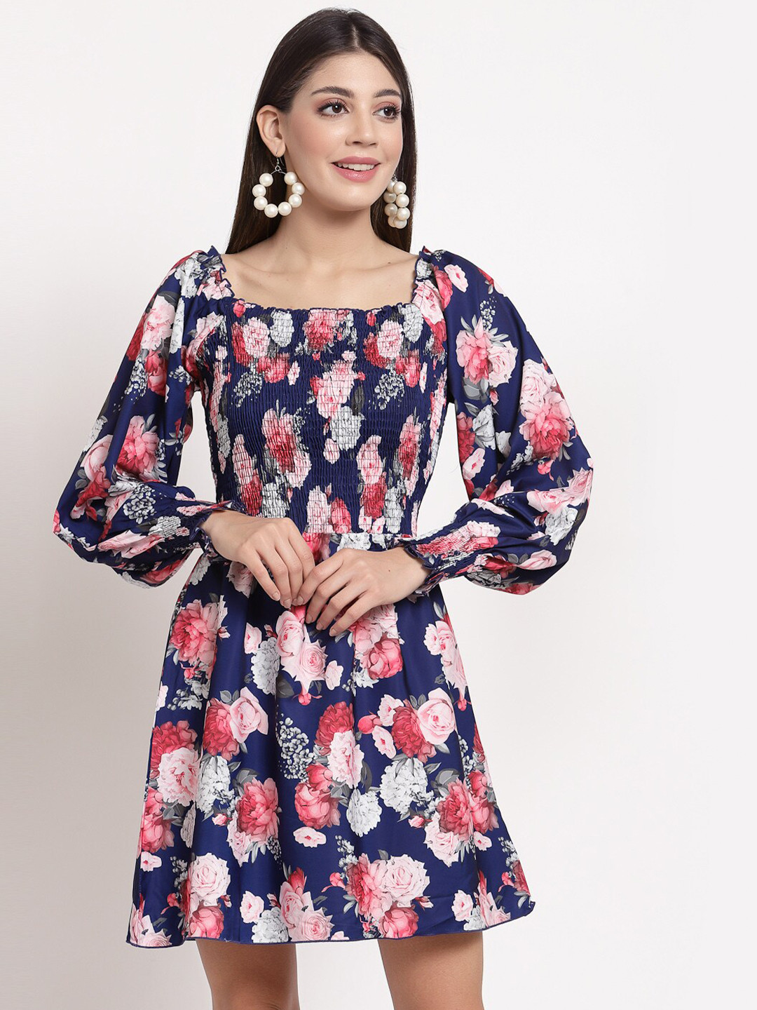 aayu Women Blue & Pink Floral Crepe Dress