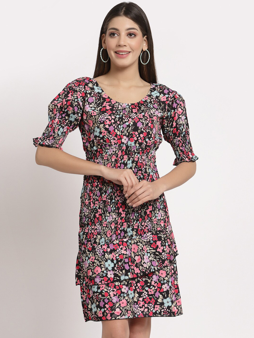 Buy Aayu Women Black Red Floral Crepe Sheath Dress Dresses for