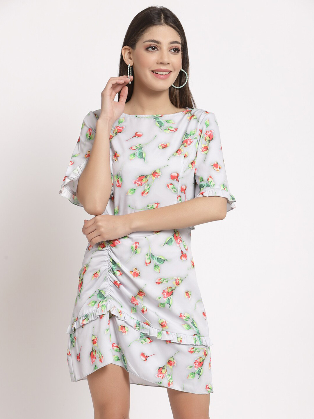 aayu Women Grey & Pink Floral A-Line Dress