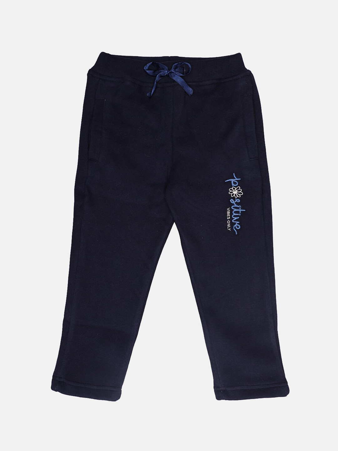 Little Kiki Girls Navy Blue Solid Cotton Track Pants