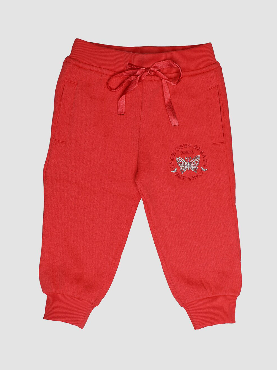 Little Kiki Girls Red Solid Cotton Joggers