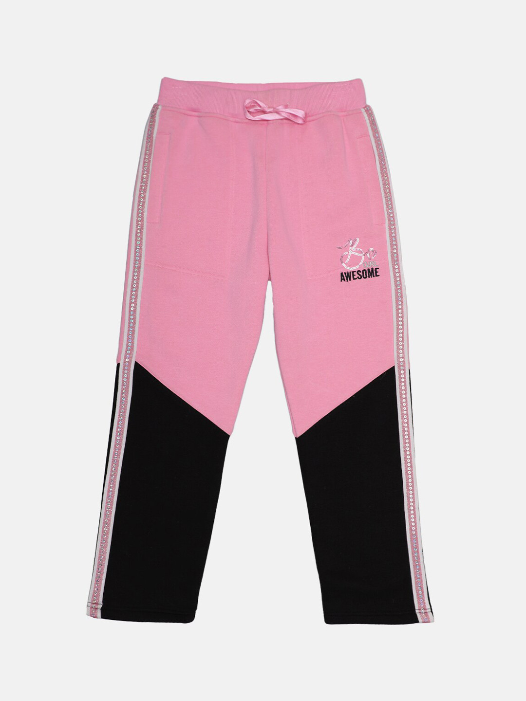 Little Kiki Girls Pink & Black Colourblocked Cotton Joggers