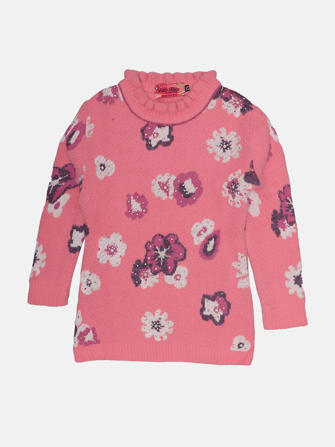 Little Kiki Girls Pink & Off White Woolen Floral Printed Pullover with Fuzzy Detail