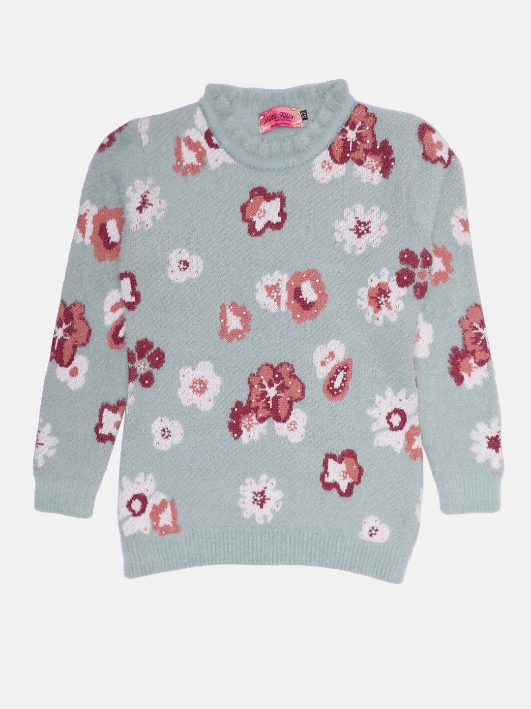 Little Kiki Girls Green Woolen Floral Printed Pullover with Fuzzy Detail