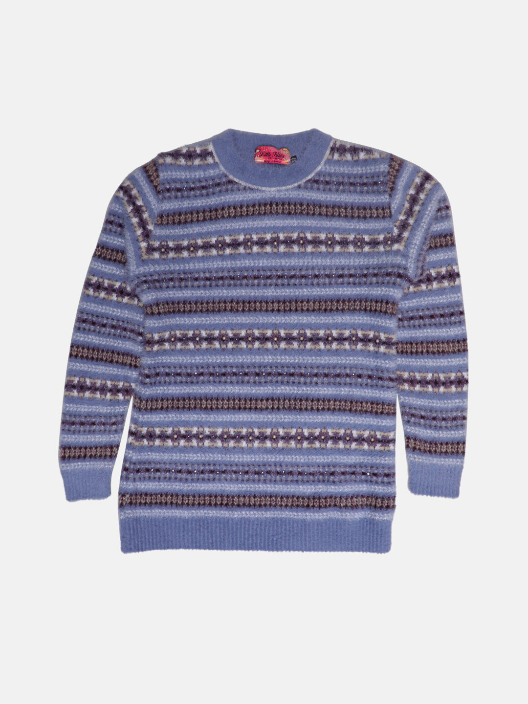 Little Kiki Girls Blue & Black Woolen Striped Pullover with Fuzzy Detail