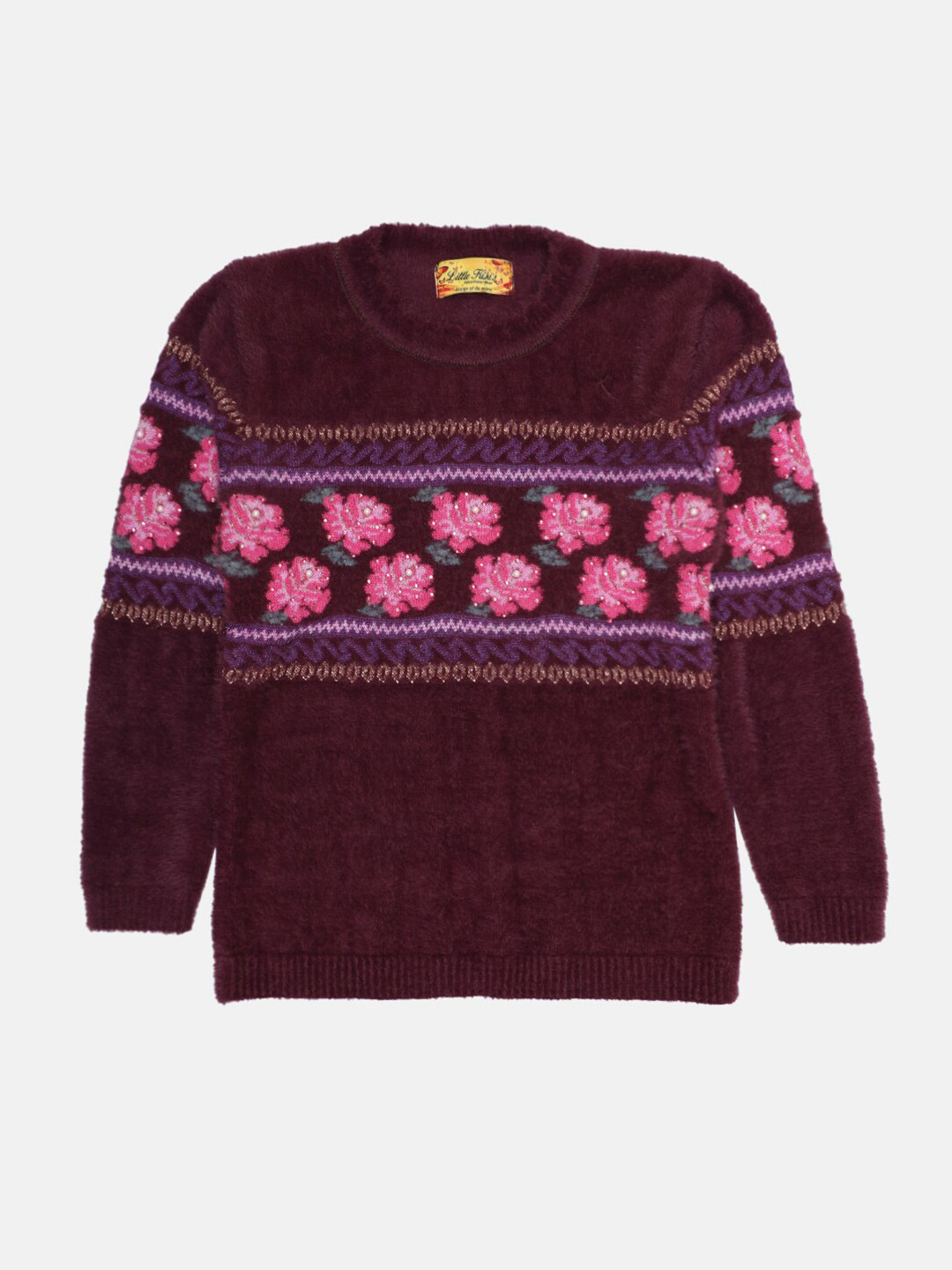 Little Kiki Girls Purple & Pink Woolen Floral Printed Pullover with Fuzzy Detail