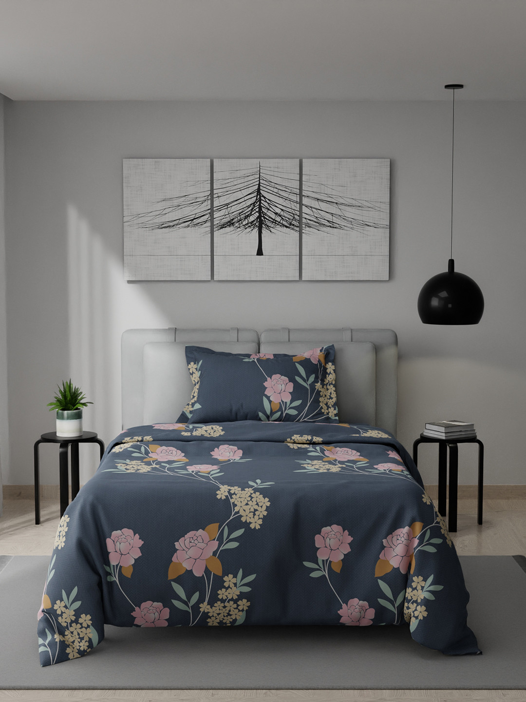 Stoa Paris Grey & Pink Floral AC Room Single Bed Comforter