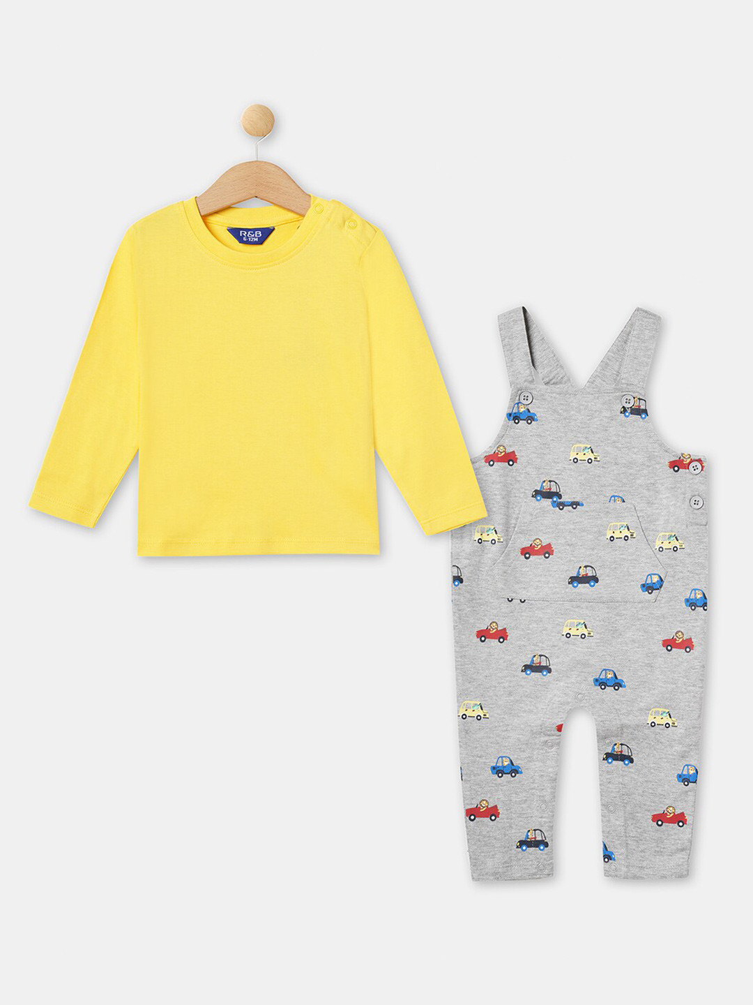 R&B Boys Grey & Yellow Solid Cotton Blend T-shirt with Trousers