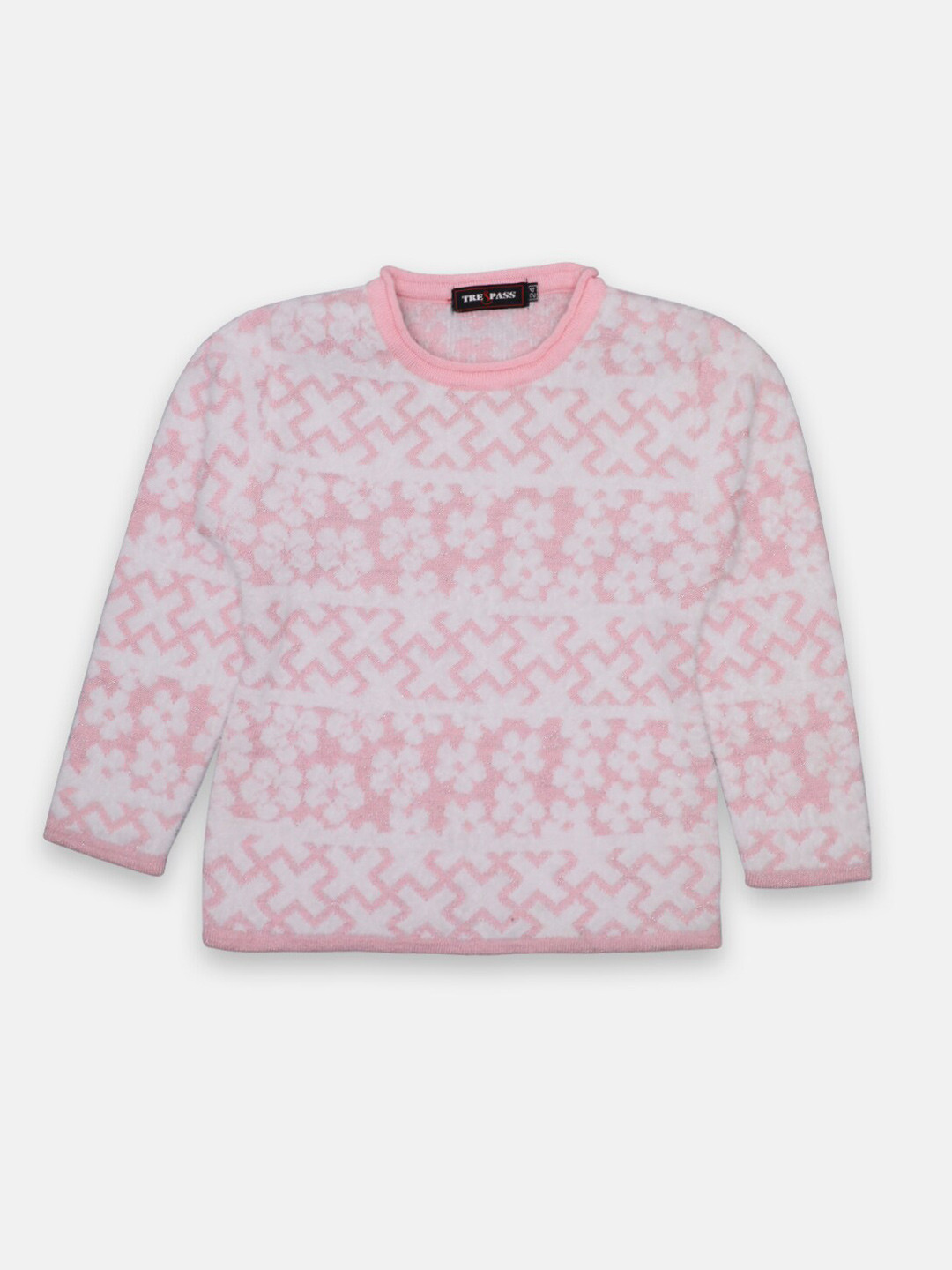TRE&PASS Girls Pink and White Woolen Self Design Winter Pullover