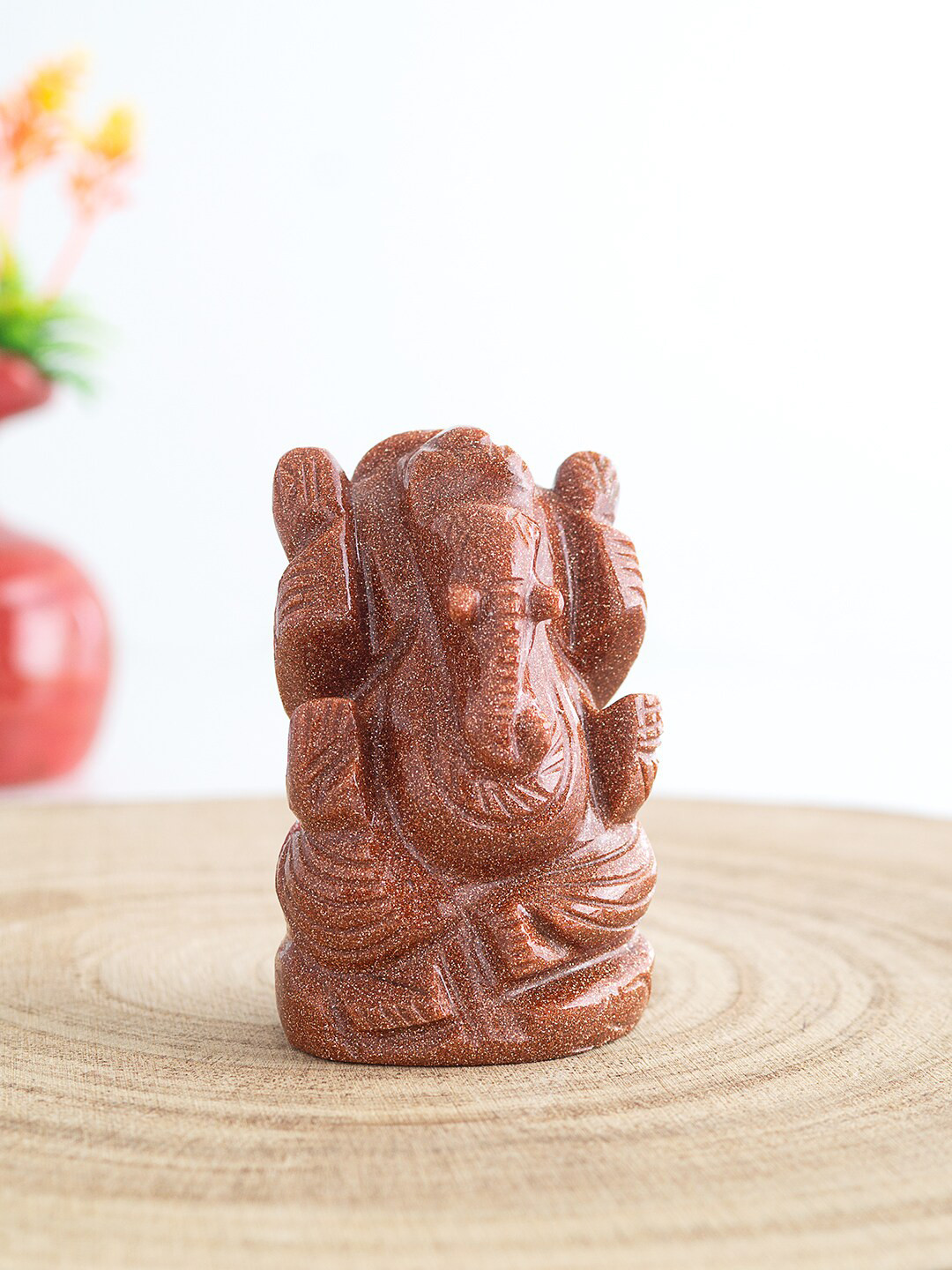 Golden Peacock Red Stone Natural Prayer Room Tiny Showpiece - 2.4 Inches