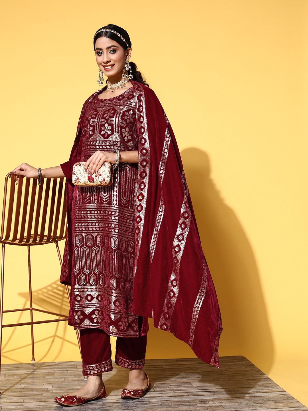 Varanga Sequin Embroidered Winter Velvet Straight Kurta with Trousers & Dupatta