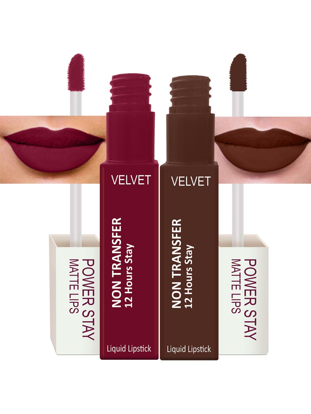 PERPAA Set Of 2 Waterproof Liquid Matte Power Stay Lipstick-Cherry Red & Bon Bon Brown-4ml