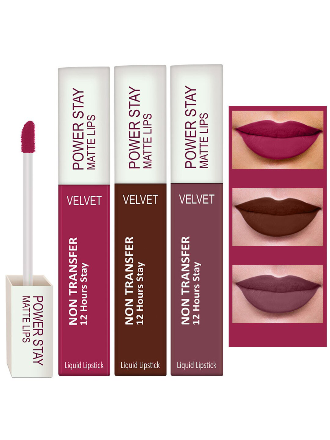 PERPAA Set Of 3 Waterproof Liquid Matte Power Stay Lipstick - Pink Prom - Bon Bon Brown - Timeless Mauve 4 ml Each