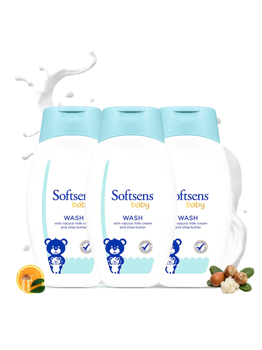 Softsens Set Of 3 Baby Natural Milk Cream & Shea Butter Tear Free Body Wash 600ml