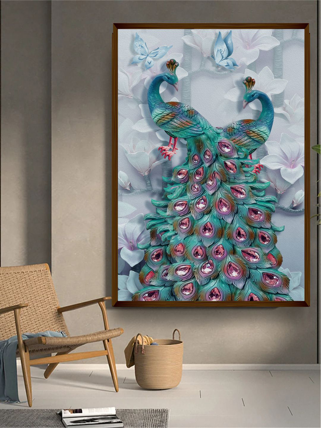 The Art House Teal Blue & Pink Peacock Painted Framed Wall Art