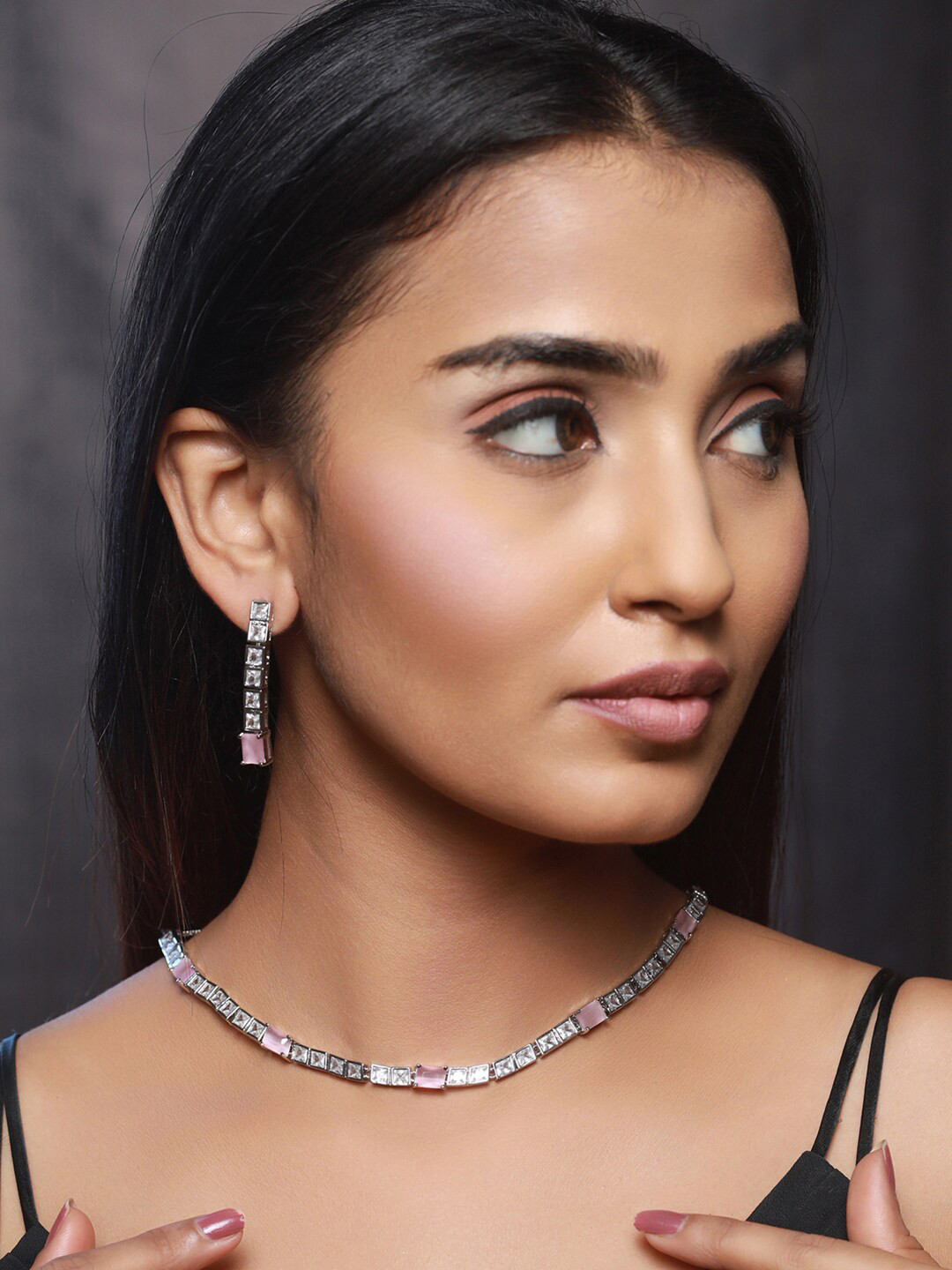 Priyaasi  White-Pink Silver-Plated Block AD Stone Studded Jewellery Set