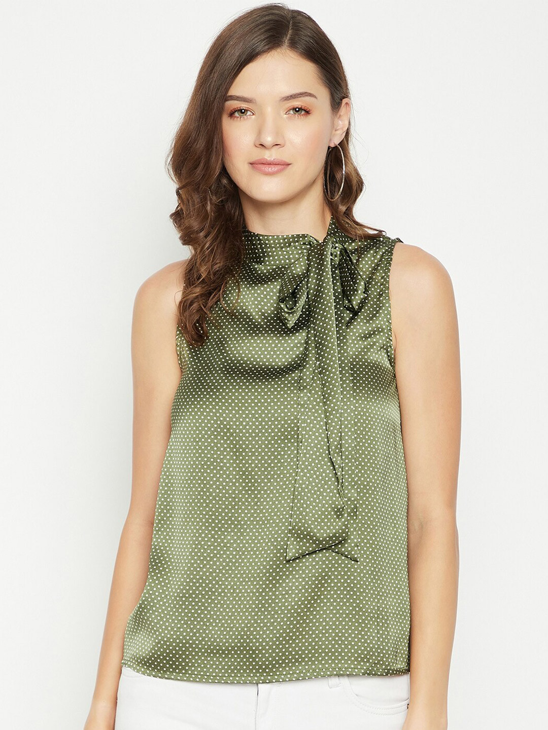 PURYS Green Print Tie-Up Neck Satin Top