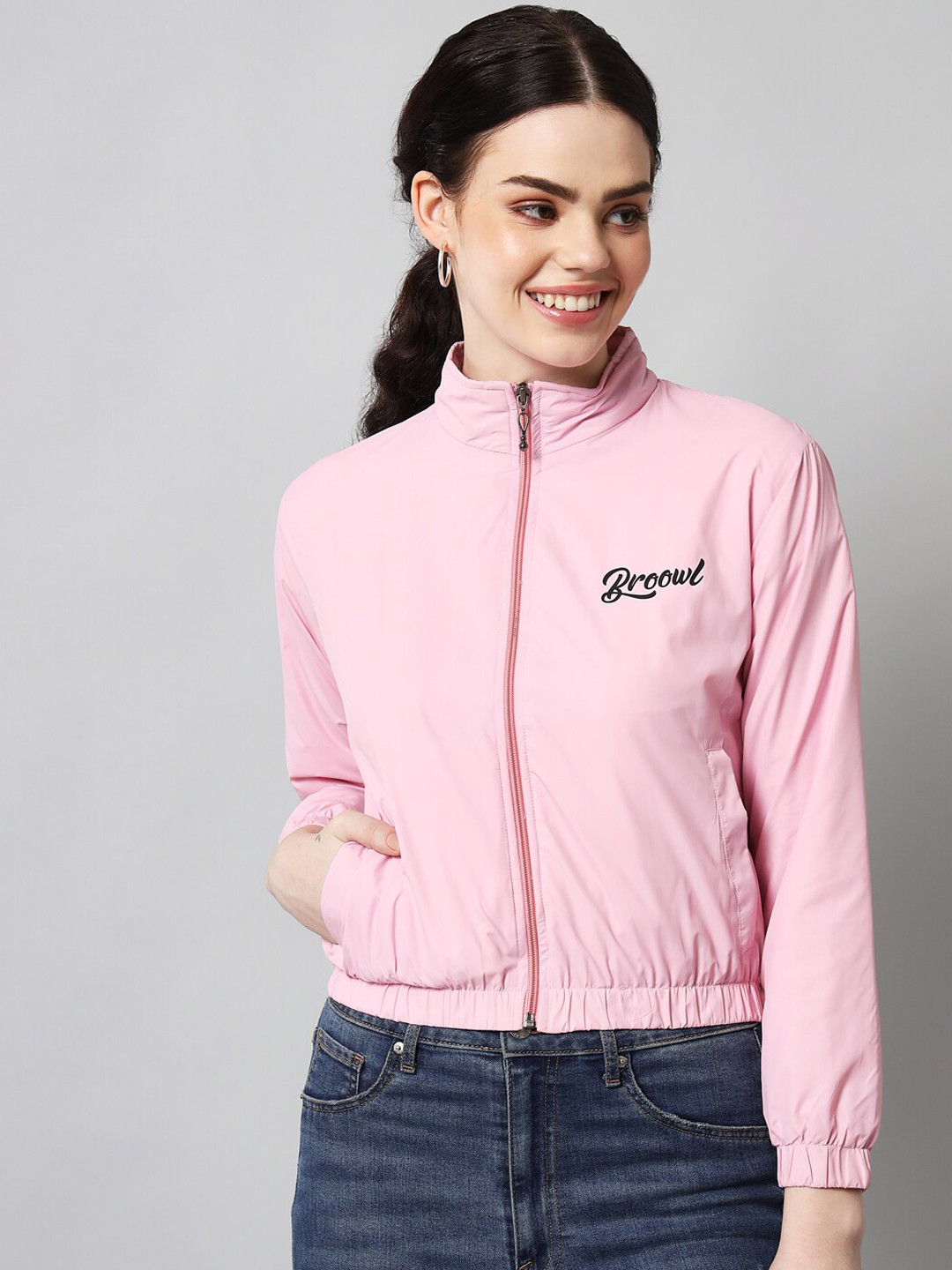 BROOWL Women Pink Windcheater Bomber Jacket