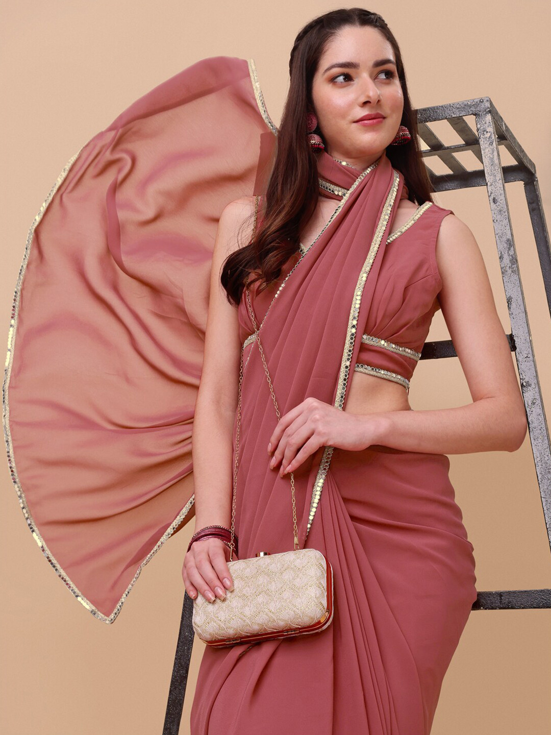 Inddus Pink & Gold-Toned Sequinned Saree
