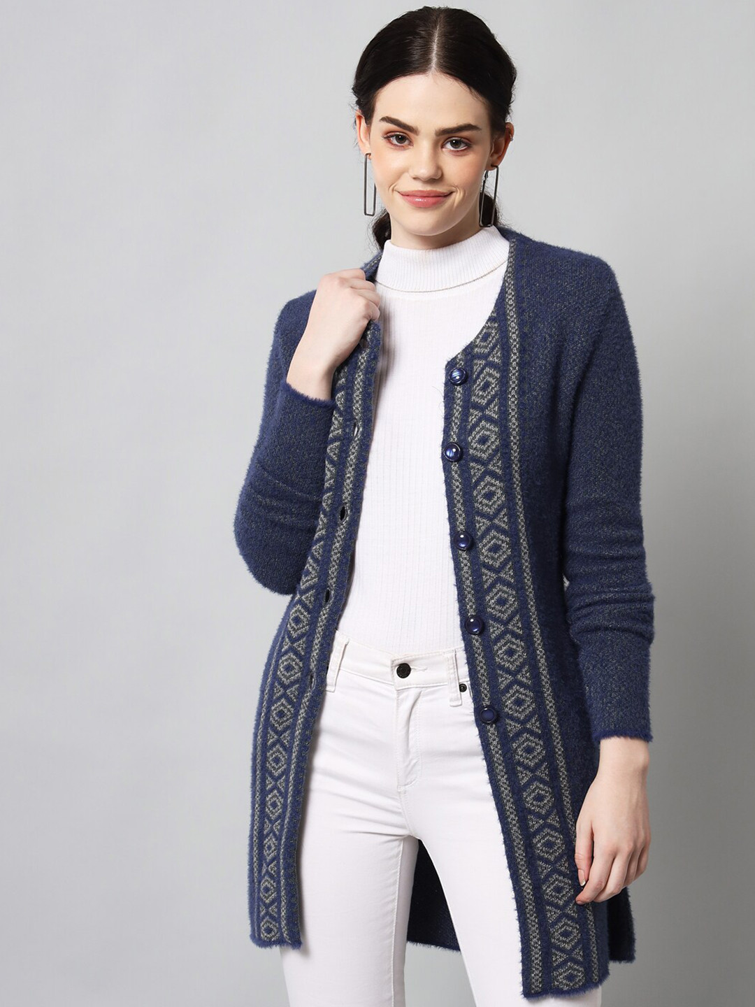 BROOWL Women Blue & Green Longline Cardigan
