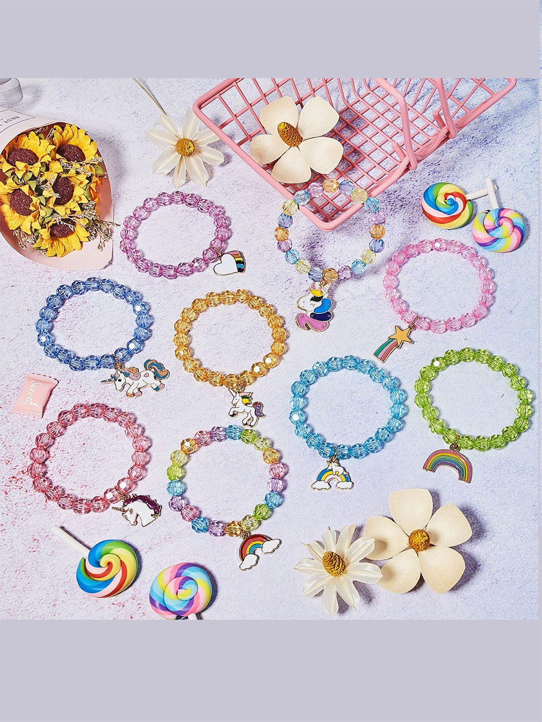 EL REGALO Girls Set Of 9 Pink & Green Wraparound Bracelet