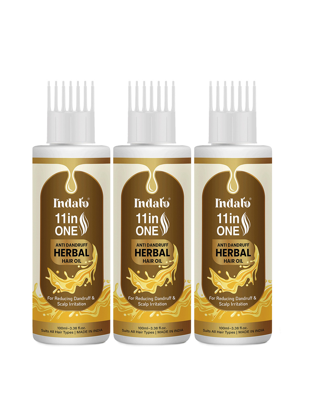 INDALO Set Of 3 11-in-One Herbal Anti-Dandruff Hair Oil with Neem & Brahmi - 100ml each