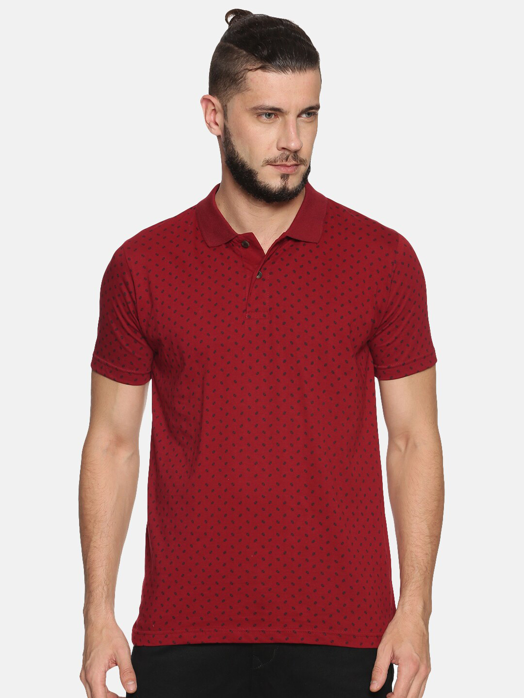 Kryptic Men Maroon & Black Polo Collar Cotton T-shirt