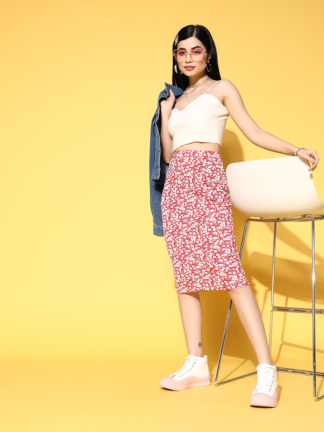 Red floral midi pencil skirt outlet