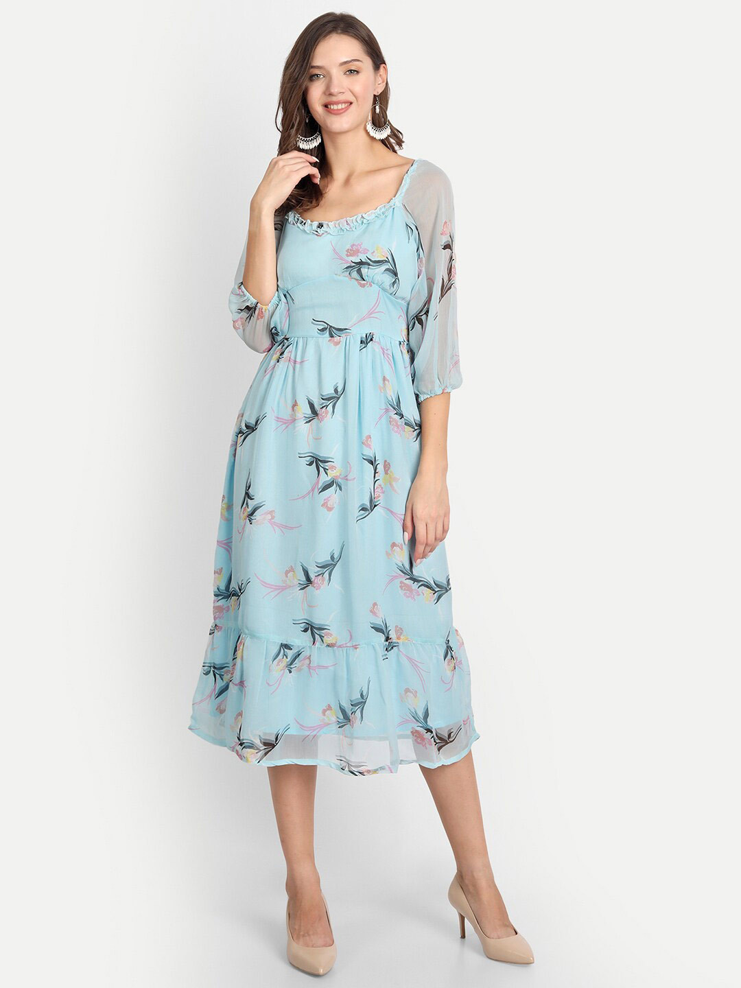 D 'VESH Women Blue Floral Printed Chiffon Fit and Flare Midi Dress