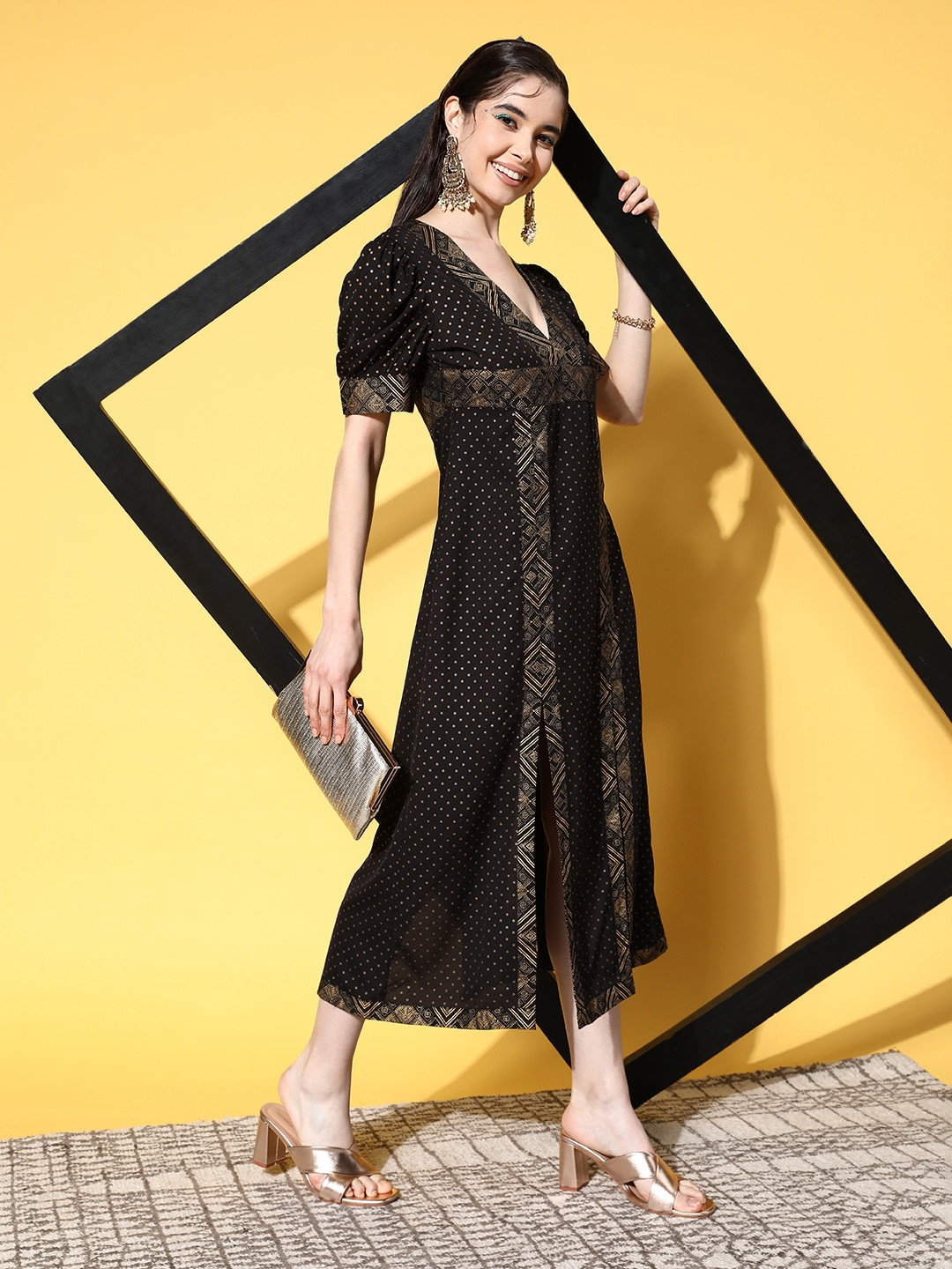 Sangria Polka Dots Print A-Line Peekaboo Slits Midi Ethnic Dress