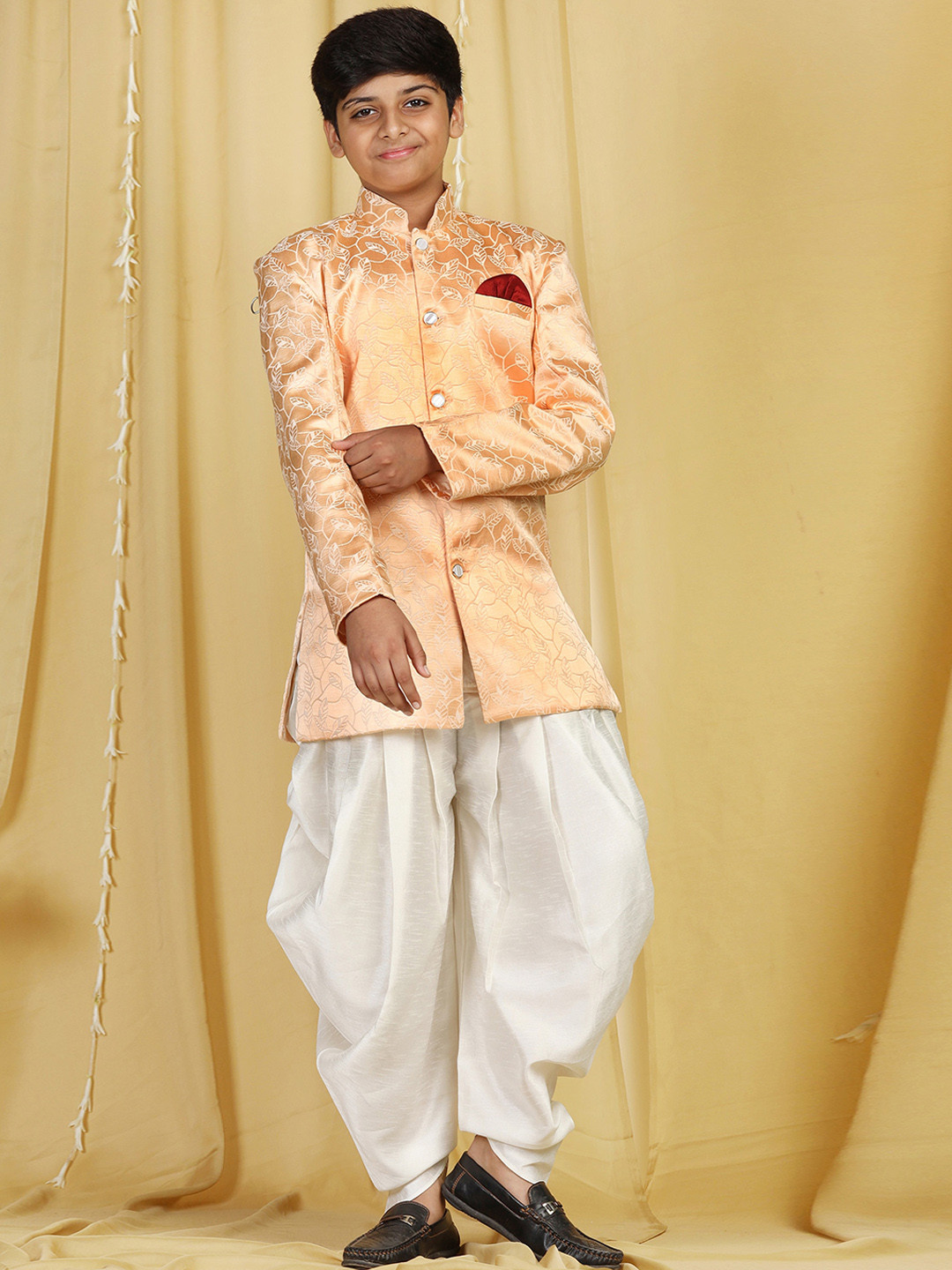 Aj DEZInES Kids Orange White Jacquard Sherwani With Dhoti Pants For Boys