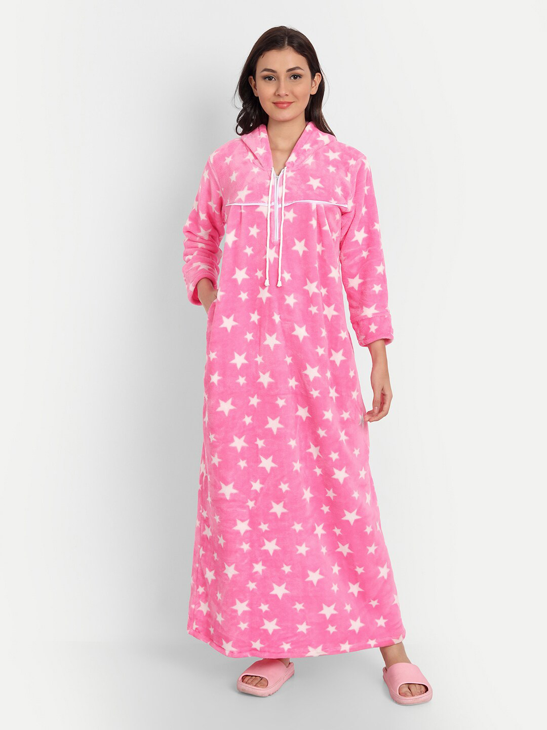 PALIVAL Women Pink Printed Hooded Maxi Nightdress