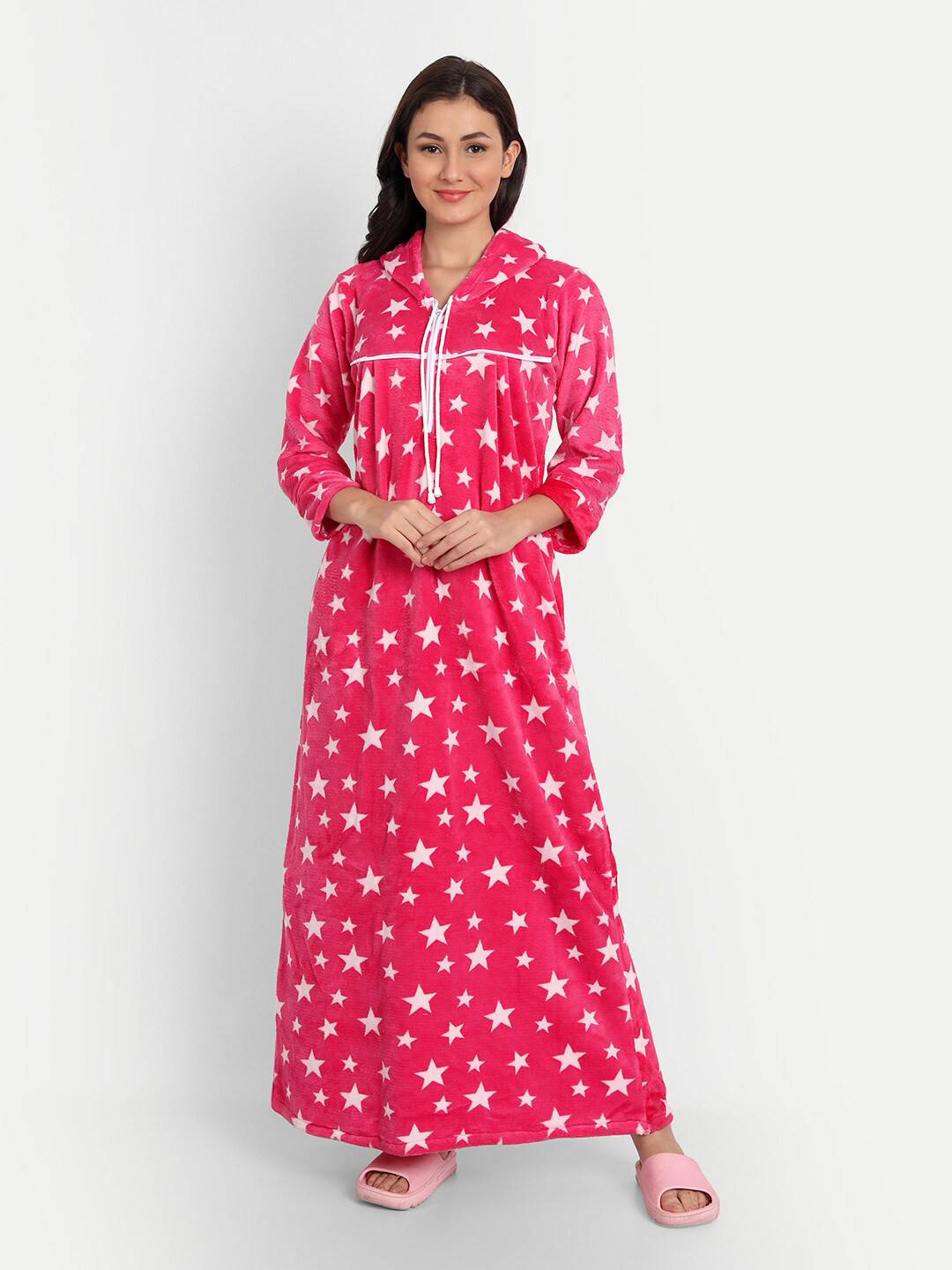 PALIVAL Women Magenta Printed Hooded Maxi Nightdress