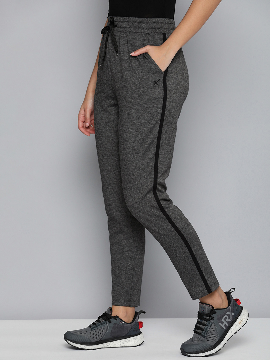 HRX By Hrithik Roshan Women Charcoal Heather Striped Track Pants