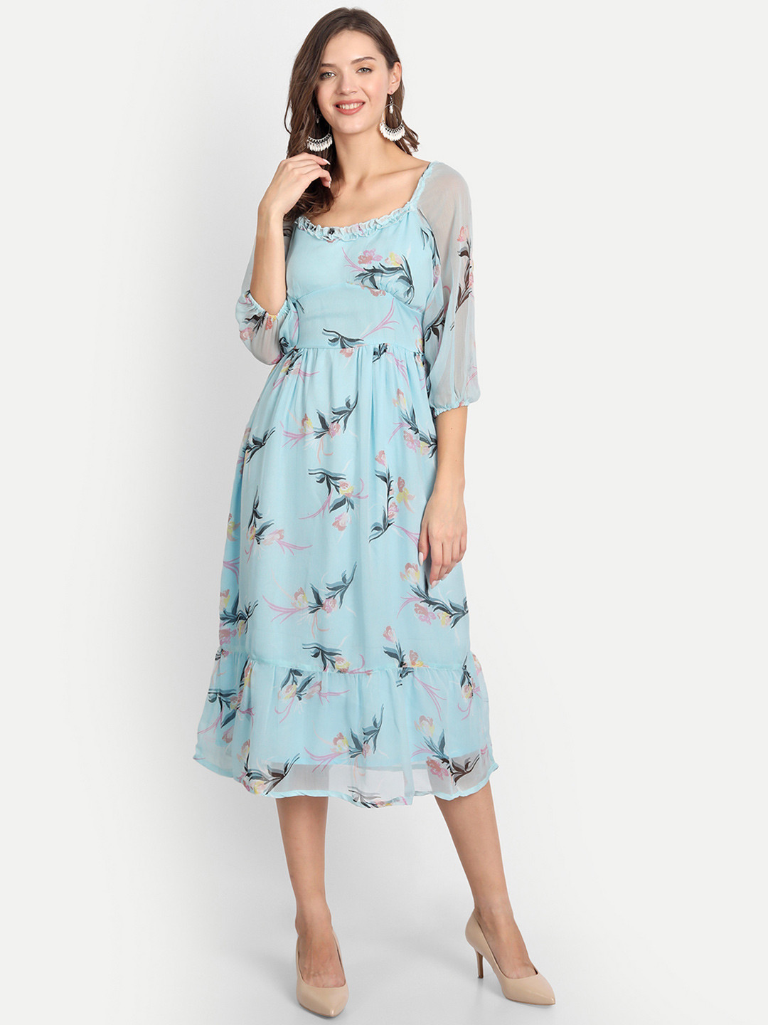 D 'VESH Women Blue & Pink Floral Printed Fit and Flare Midi Dress