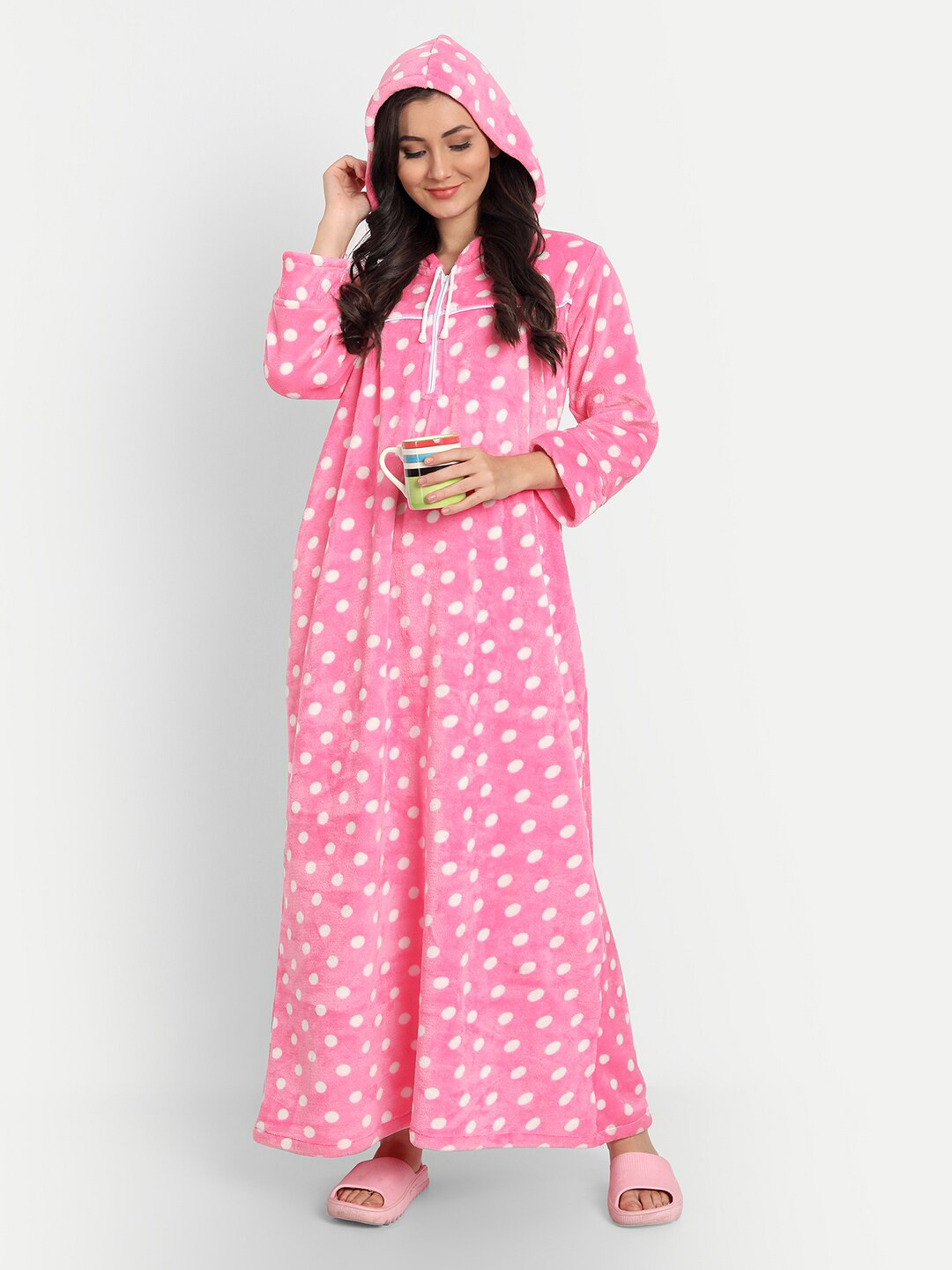 PALIVAL Women Pink Printed Hooded Maxi Nightdress