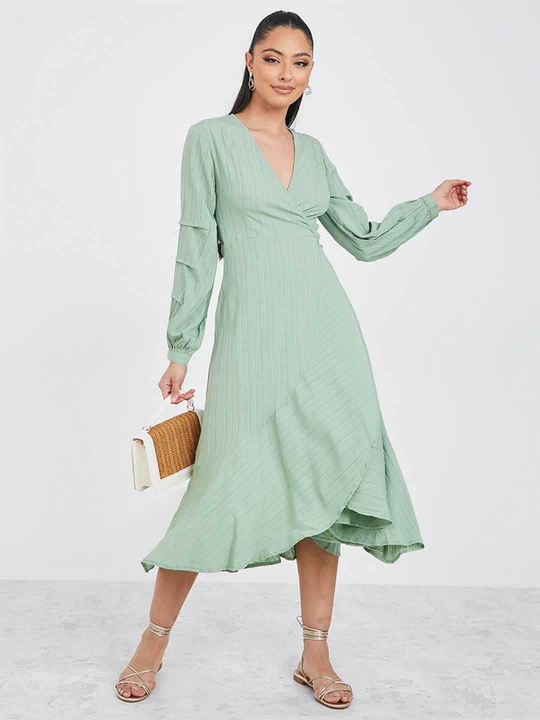 Styli Women Sea Green Long Sleeves Frill Detail Wrap Midi Dress