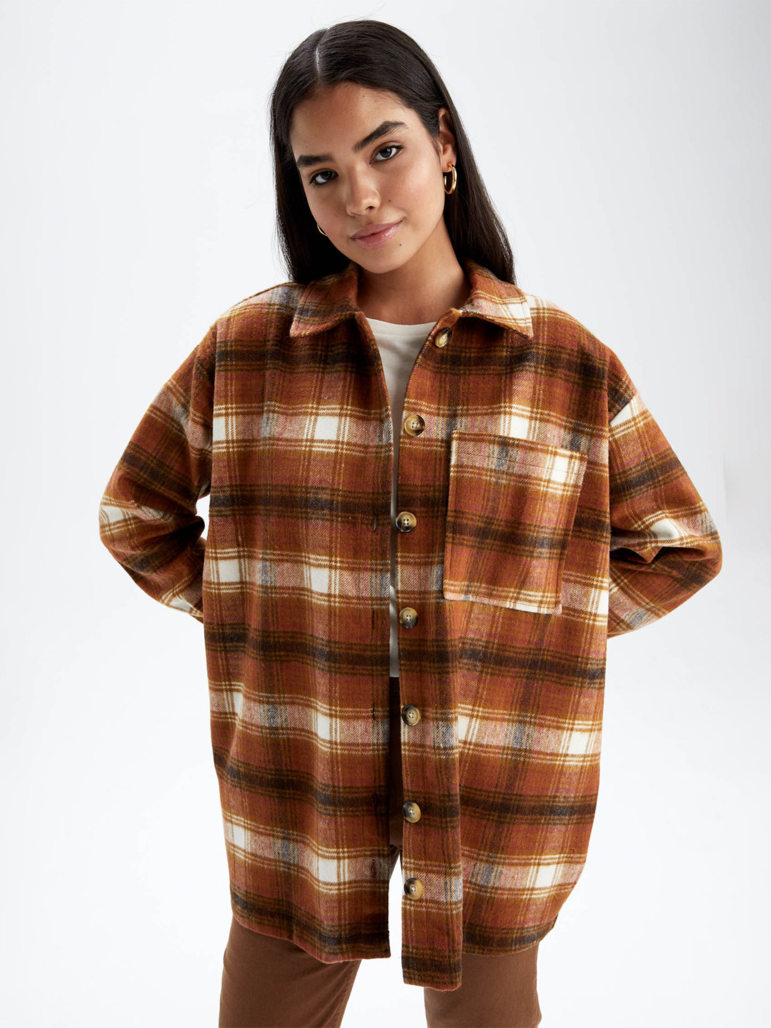 DeFacto Women Brown Tartan Checks Longline Casual Shirt