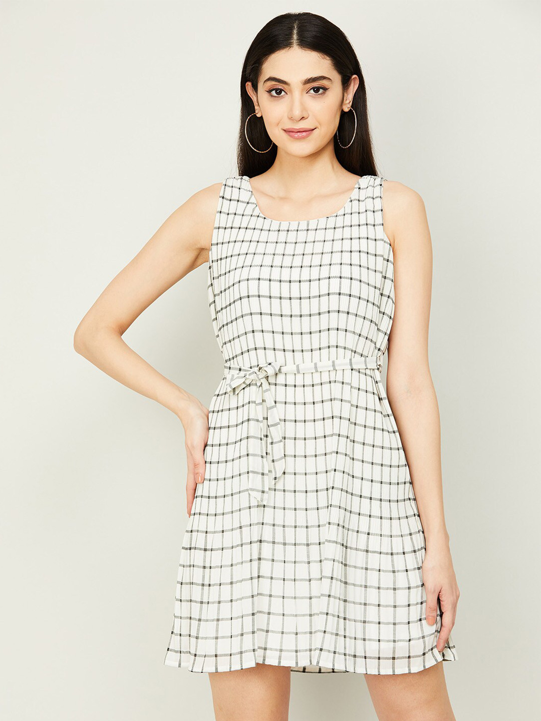 CODE by Lifestyle Women Off White & Black Checked A-Line Pure Cotton Dress