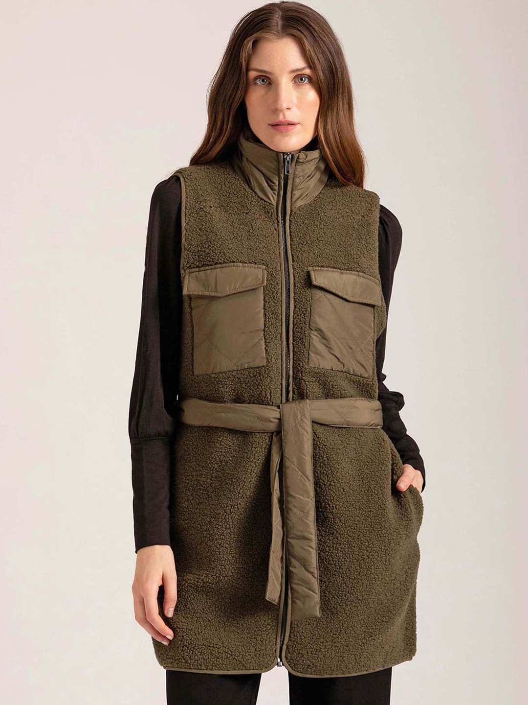 B Copenhagen Women Green Colourblocked Longline Tailored Jacket