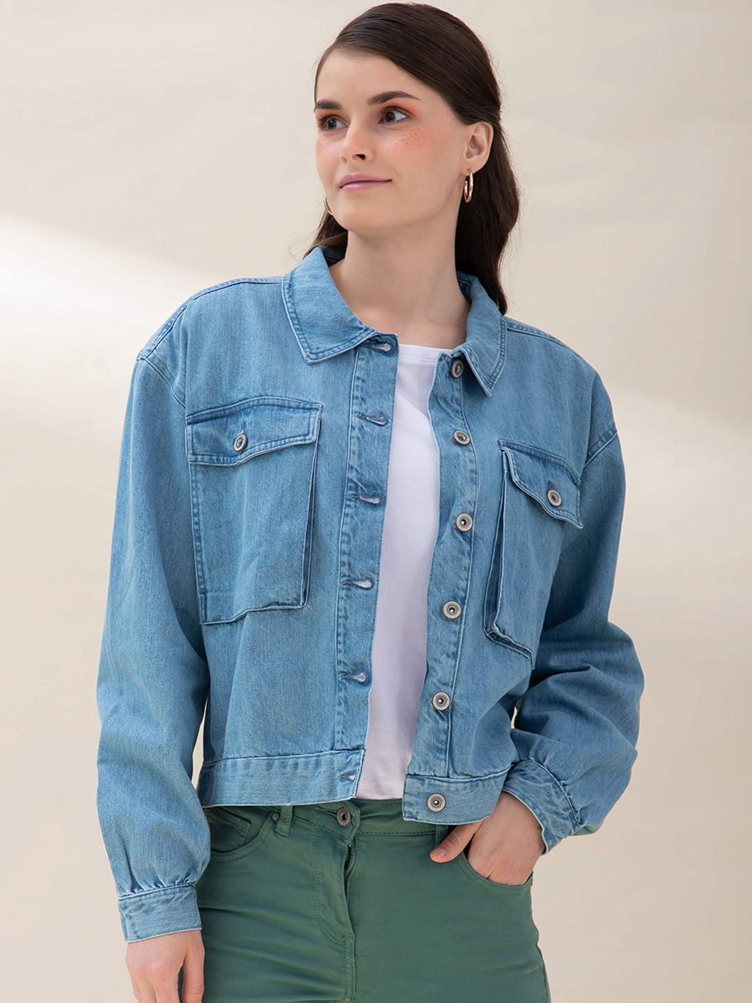 B Copenhagen Women Blue Crop Denim Jacket with Patchwork