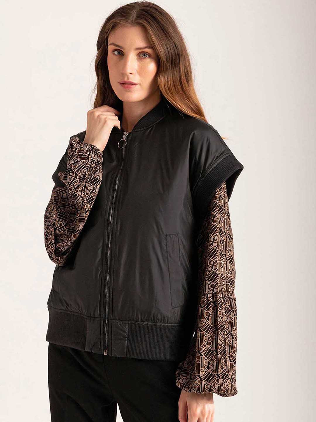 B.Copenhagen Women Black Crop Bomber Jacket with Embroidered