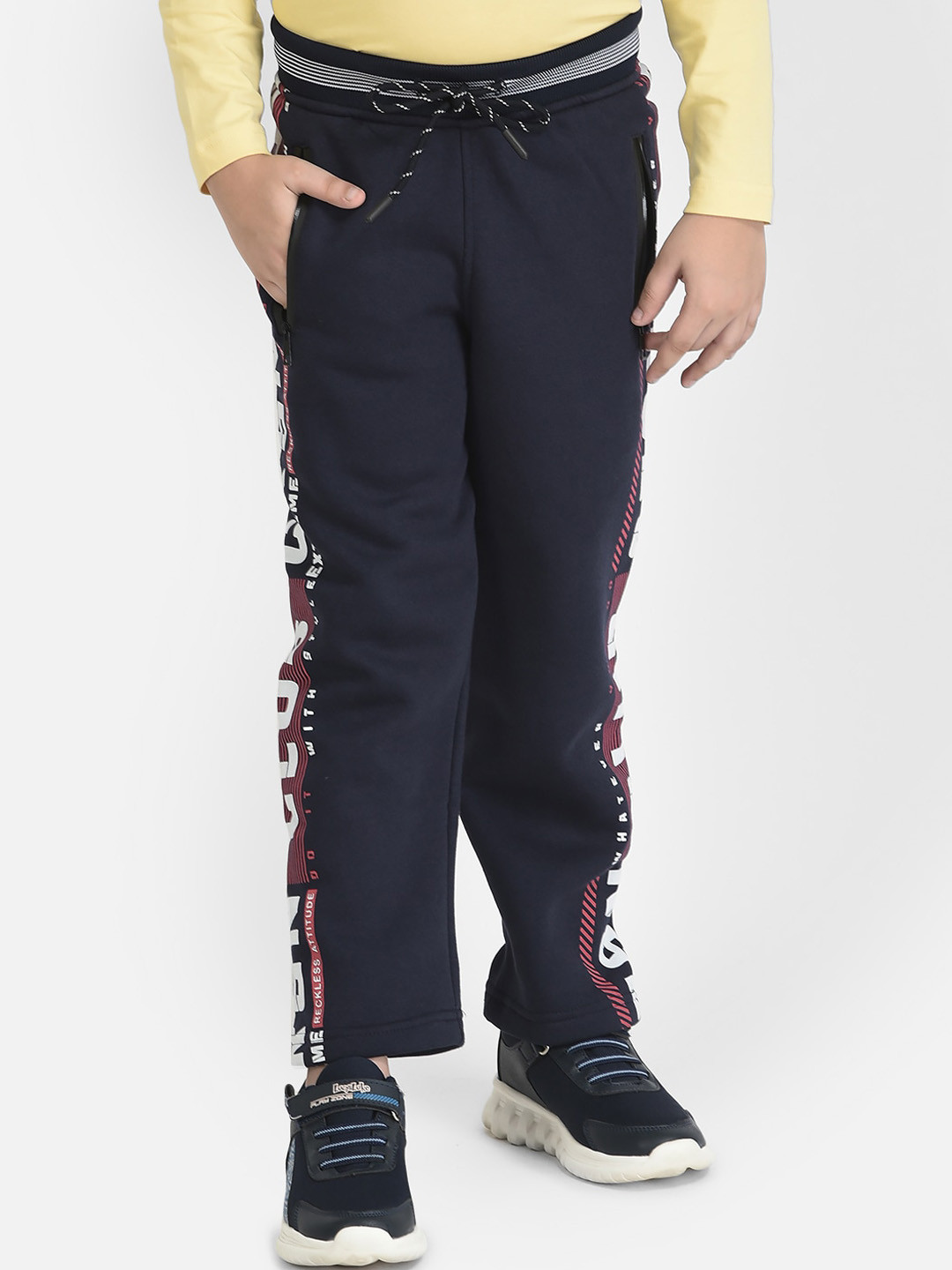 Crimsoune Club Boys Navy Blue Typography Print On Side Track Pant
