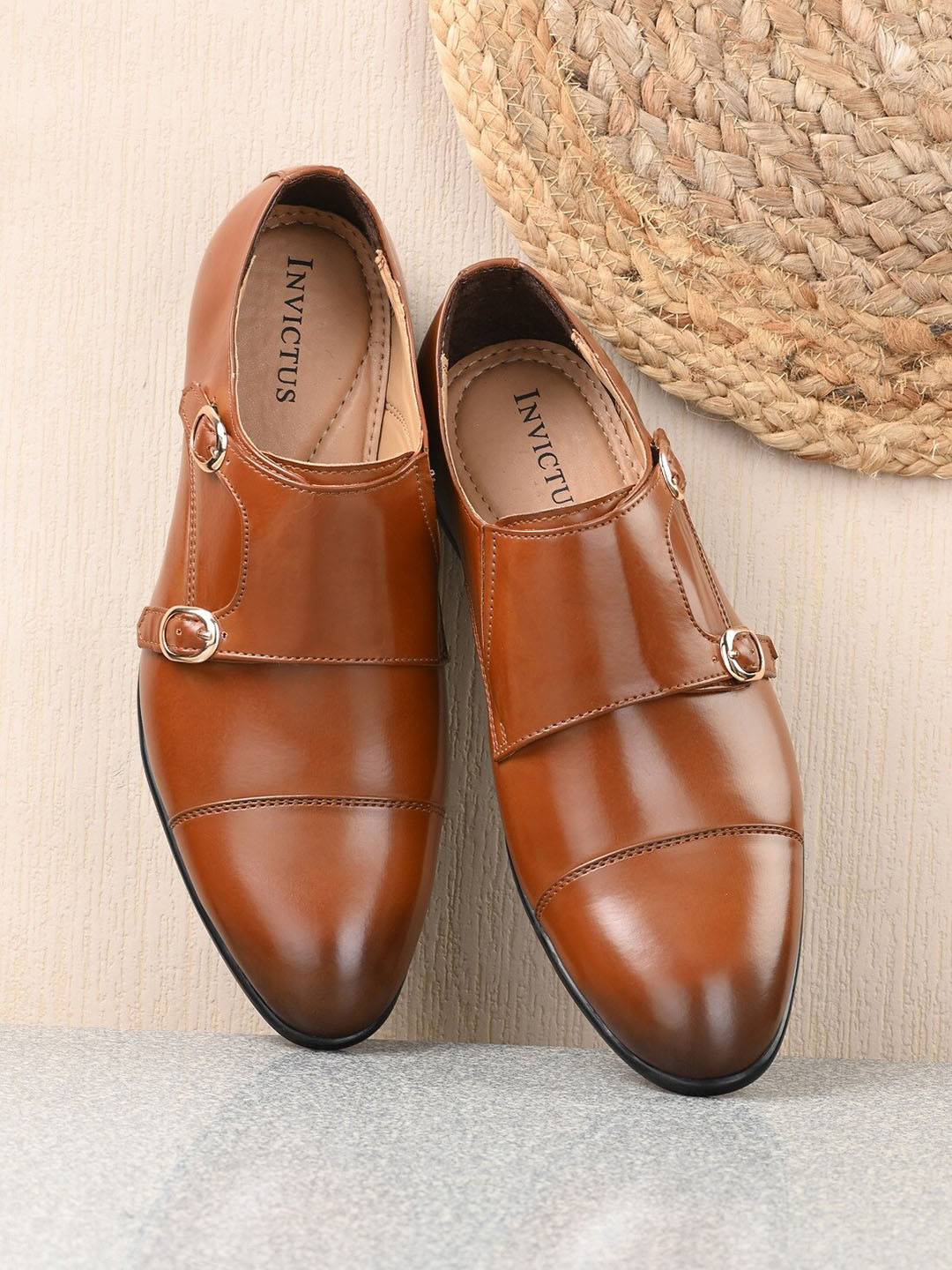 INVICTUS Men Tan Solid Leather Formal Monk Shoes
