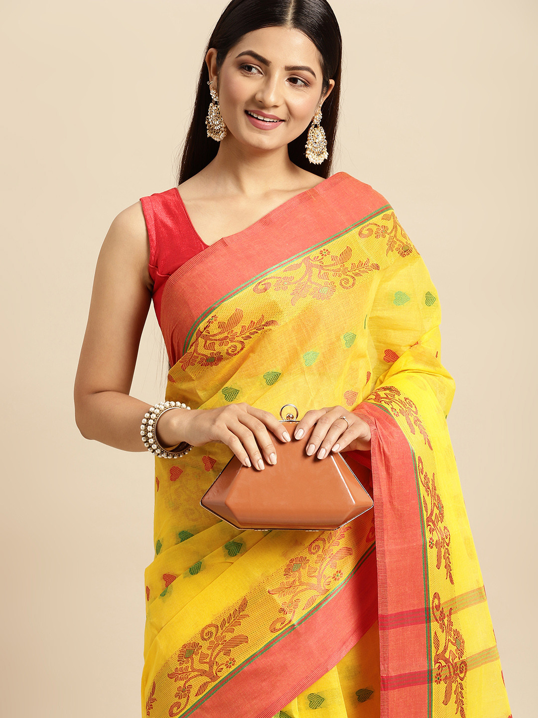 DESH BIDESH Yellow & Red Ethnic Motifs Pure Cotton Taant Saree