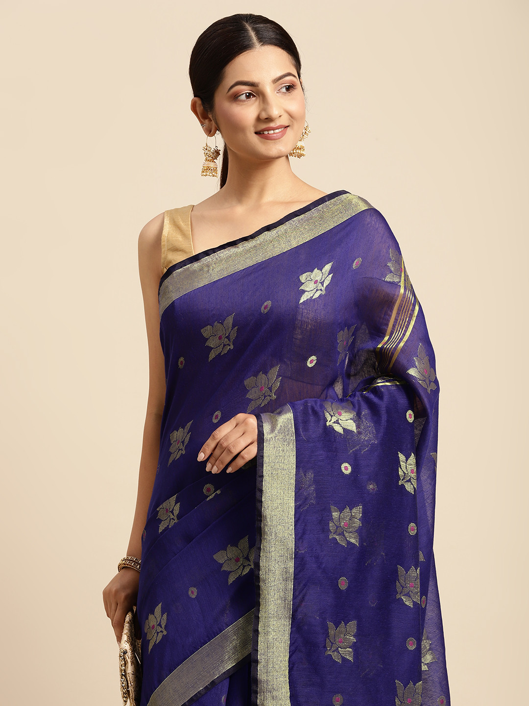 DESH BIDESH Navy Blue & Golden Ethnic Motifs Pure Cotton Muga Saree