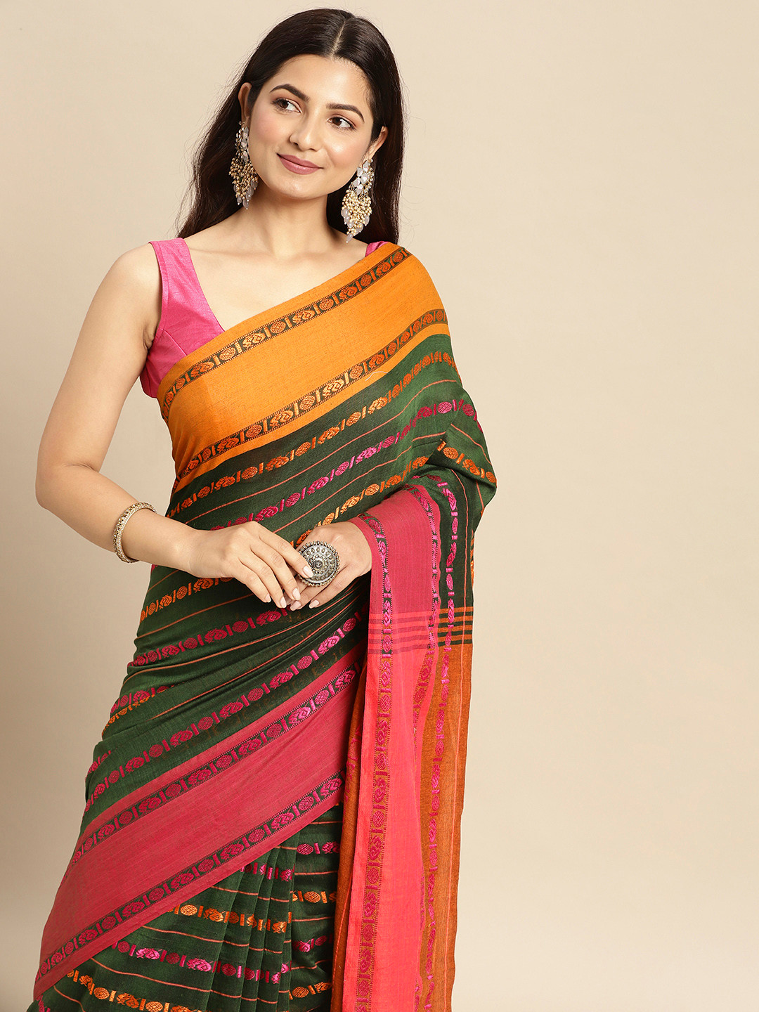 DESH BIDESH Green & Pink Woven Design Pure Cotton Taant Saree
