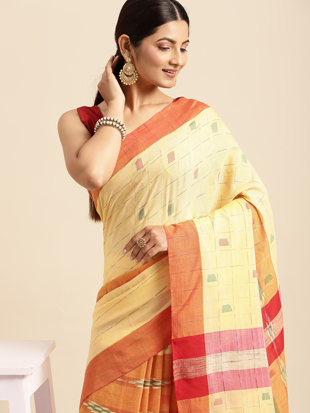 DESH BIDESH Yellow & Green Kotki Design Pure Cotton Taant Saree